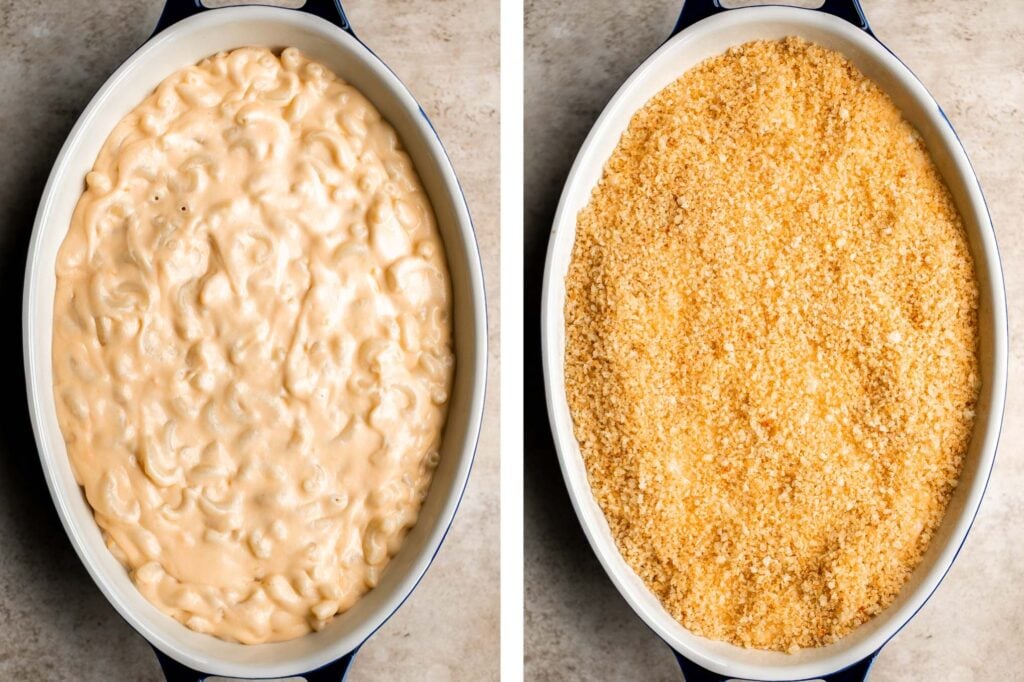 Classic baked mac and cheese is the ultimate comfort food — creamy, cheesy, and cozy, topped with a crunchy breadcrumb topping. It's quick and easy too. | aheadofthyme.com