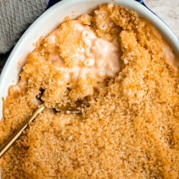 Classic baked mac and cheese is the ultimate comfort food — creamy, cheesy, and cozy, topped with a crunchy breadcrumb topping. It's quick and easy too. | aheadofthyme.com