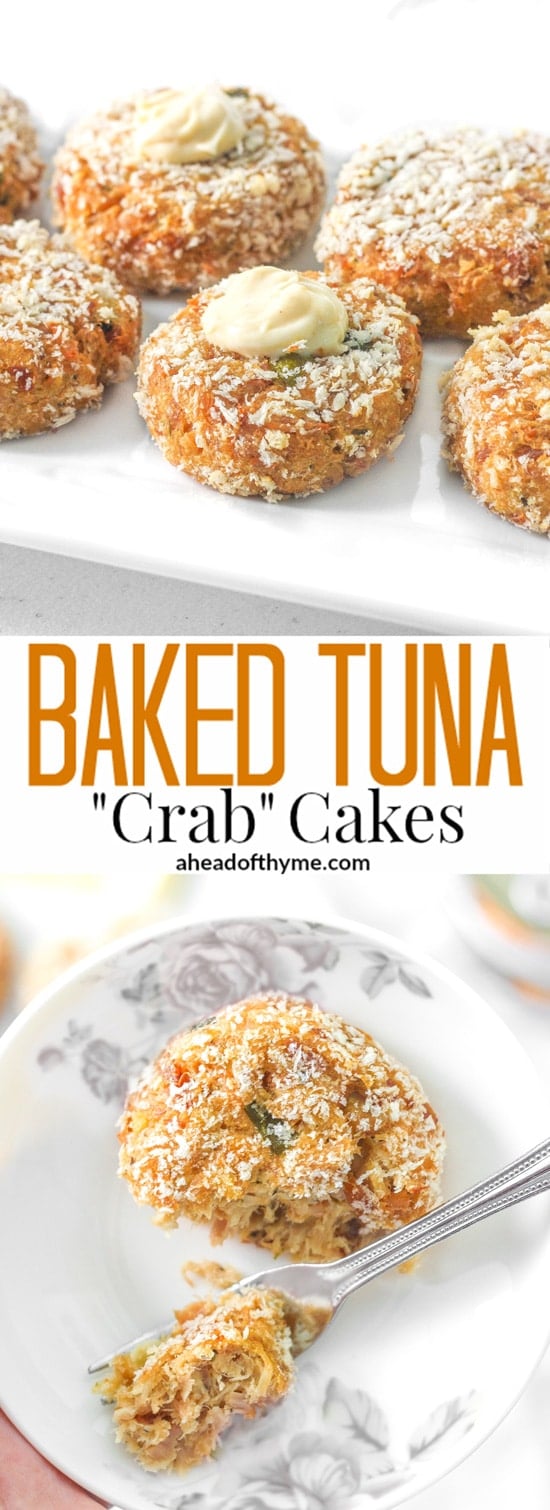 Baked Tuna “Crab” Cakes: Craving crab cakes? Make baked tuna “crab” cakes instead for a quick, easy, and cheaper meal option that tastes just as good! | aheadofthyme.com