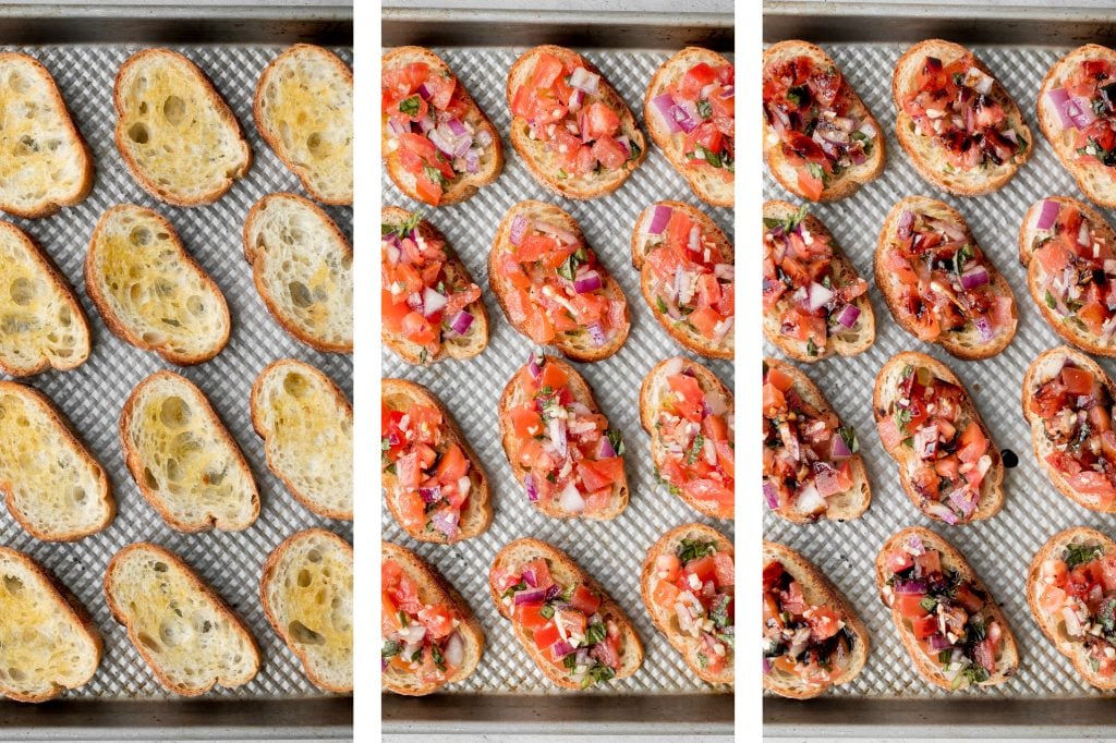 Tomato bruschetta with balsamic glaze is an easy Italian appetizer topped with tomatoes, onions, garlic, basil and olive oil. Delicious, fresh and simple. | aheadofthyme.com