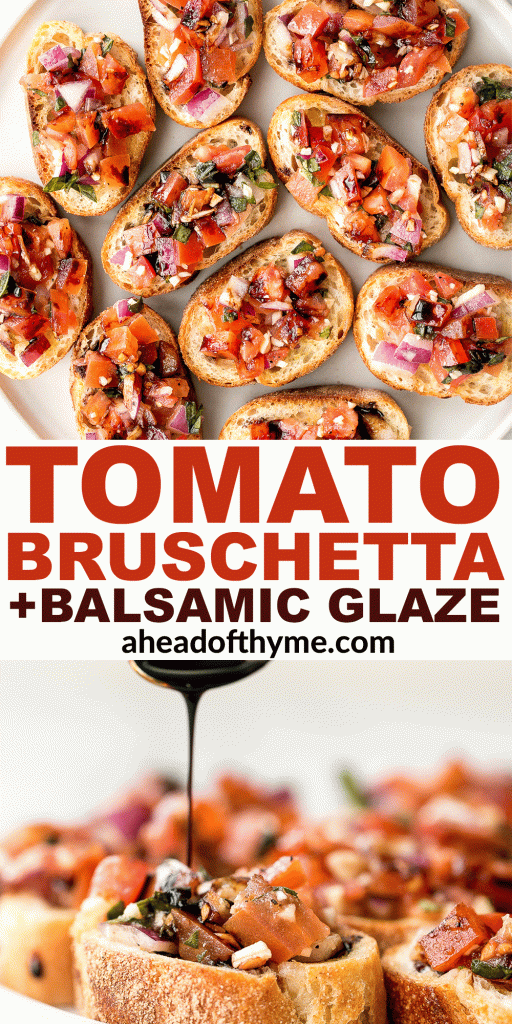 Tomato bruschetta with balsamic glaze is an easy Italian appetizer topped with tomatoes, onions, garlic, basil and olive oil. Delicious, fresh and simple. | aheadofthyme.com