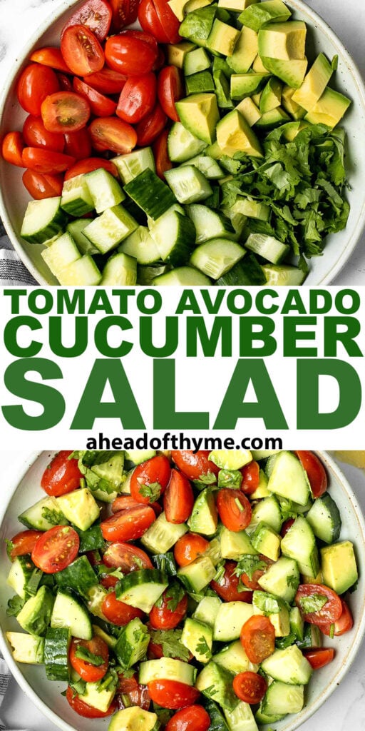 Simple tomato cucumber avocado salad with a delicious lemon vinaigrette is a light and refreshing salad that comes together in literally 5 minutes. | aheadofthyme.com