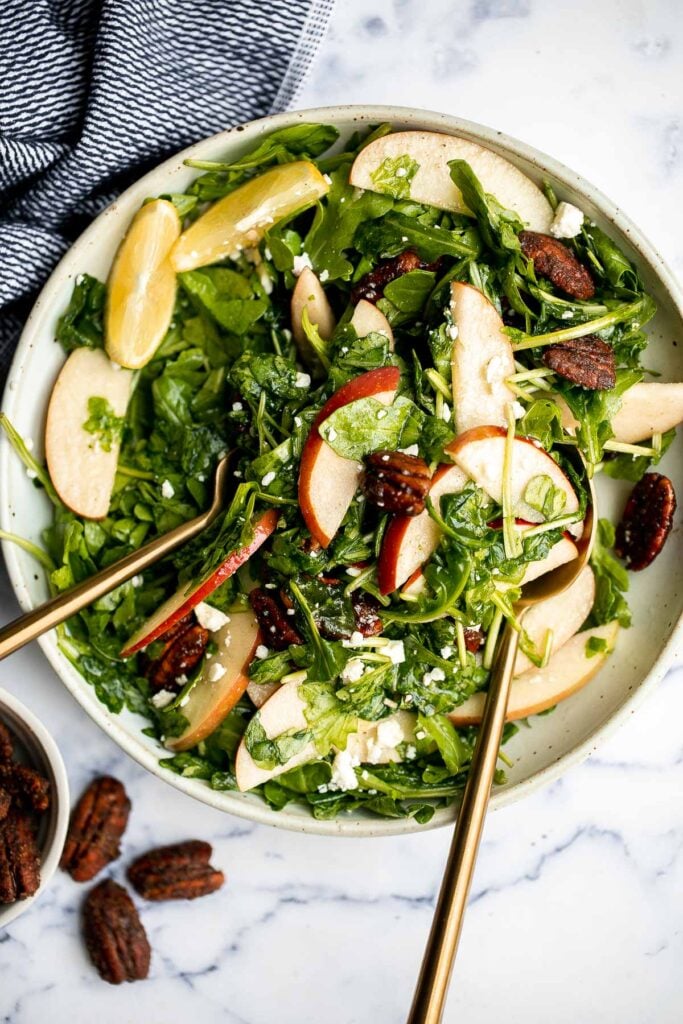 Arugula salad with apple and pecan is a quick and easy fall salad made with fresh seasonal ingredients in just minutes. Perfect for a holiday dinner table. | aheadofthyme.com