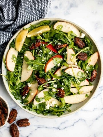Arugula salad with apple and pecan is a quick and easy fall salad made with fresh seasonal ingredients in just minutes. Perfect for a holiday dinner table. | aheadofthyme.com