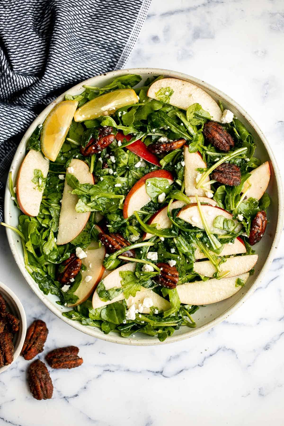 Arugula salad with apple and pecan is a quick and easy fall salad made with fresh seasonal ingredients in just minutes. Perfect for a holiday dinner table. | aheadofthyme.com