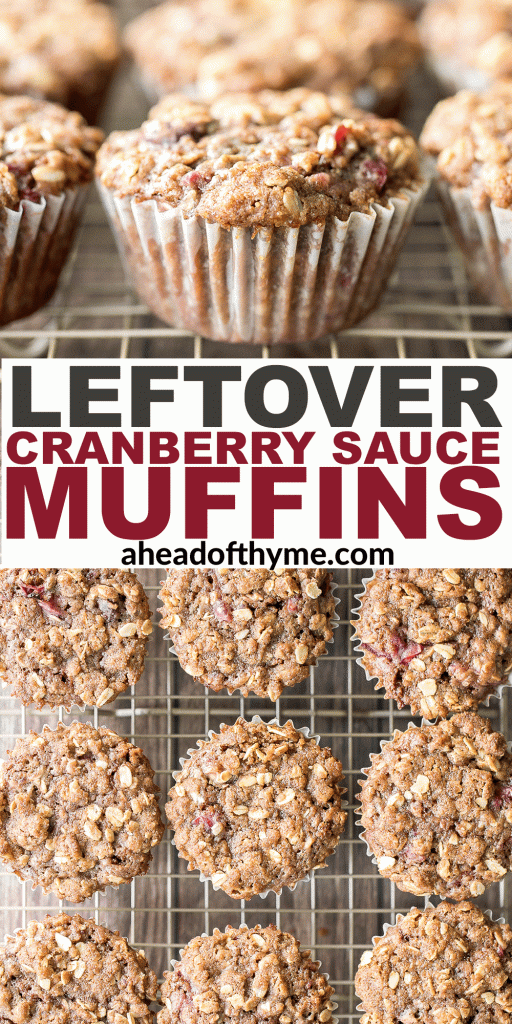 Don't throw away leftover cranberry sauce, instead create leftover cranberry sauce muffins with an oat streusel topping and enjoy for breakfast or dessert! | aheadofthyme.com