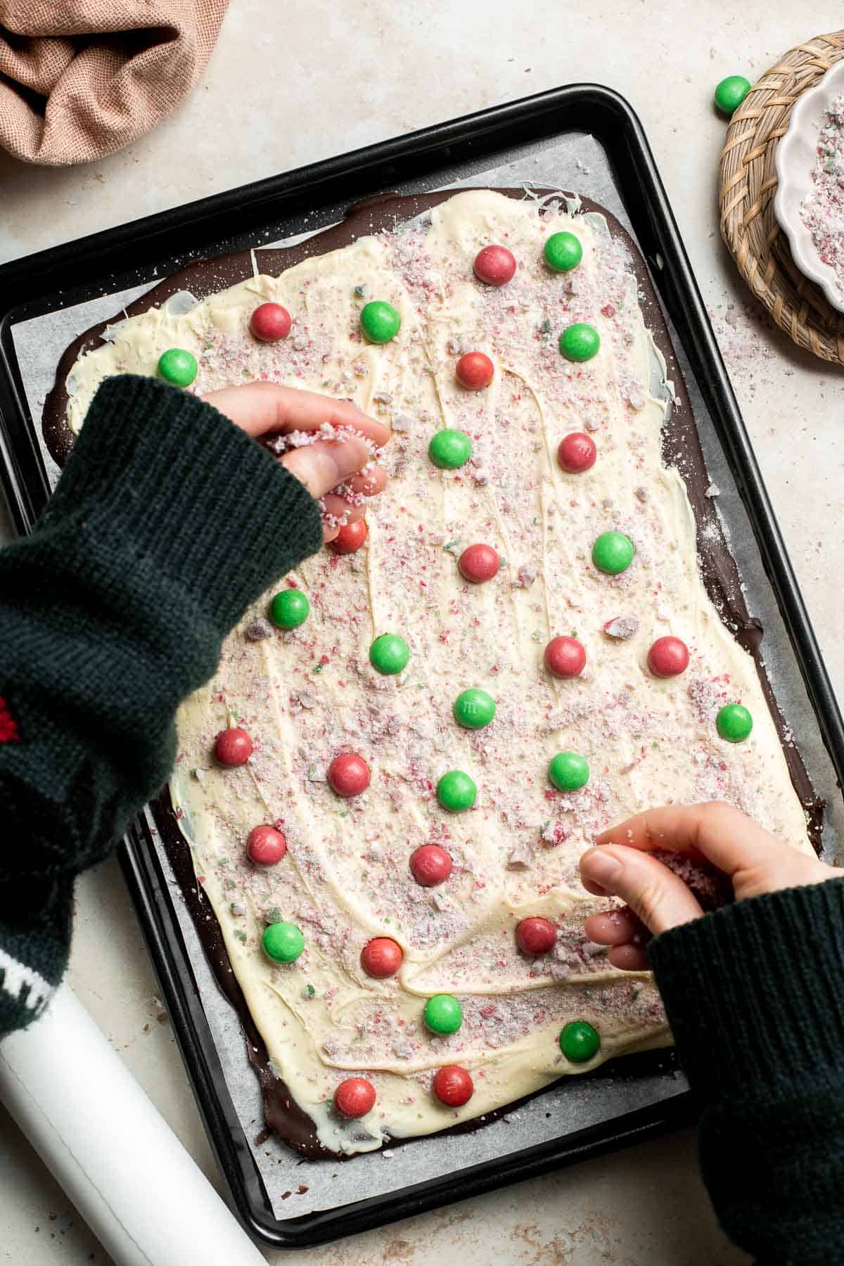 Chocolate Peppermint Christmas Bark is a quick and easy no bake recipe that you can make with just 4 simple ingredients and 15 minutes of prep. | aheadofthyme.com