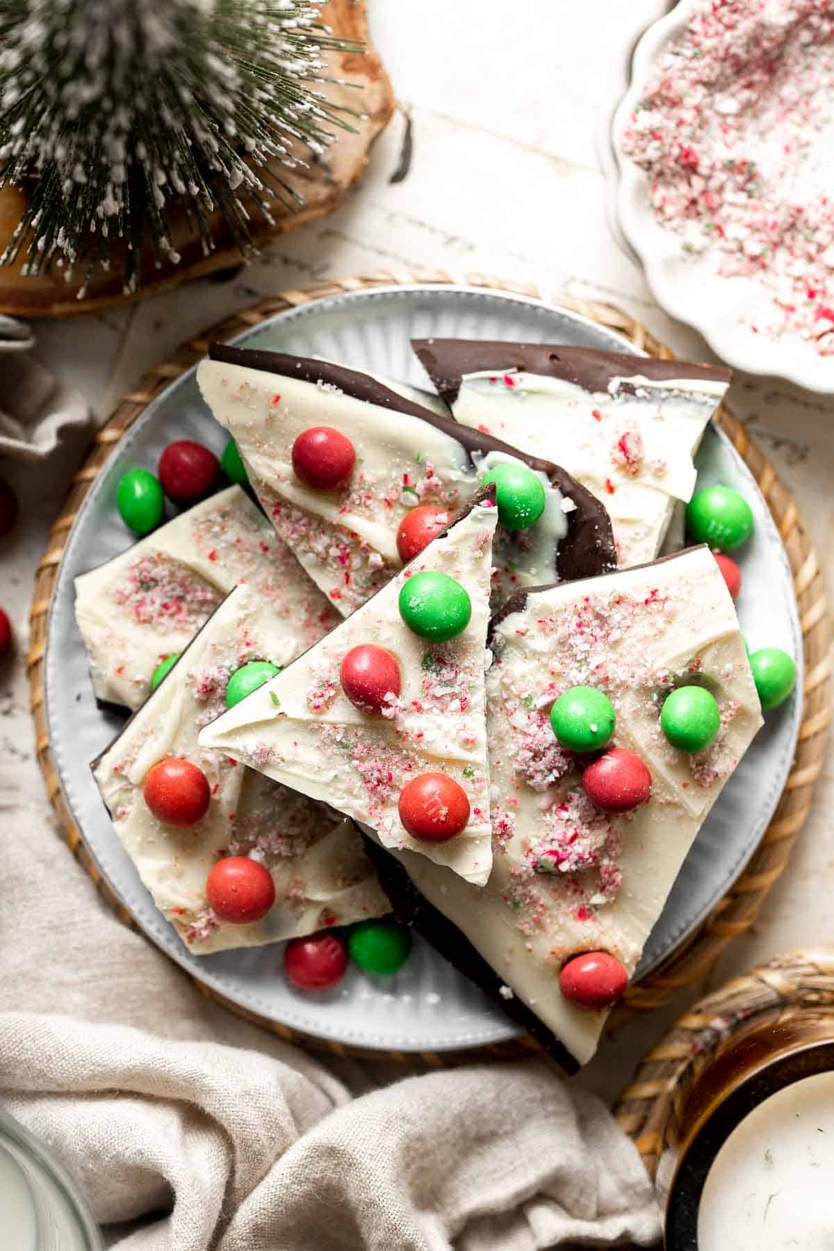 Chocolate Peppermint Christmas Bark is a quick and easy no bake recipe that you can make with just 4 simple ingredients and 15 minutes of prep. | aheadofthyme.com