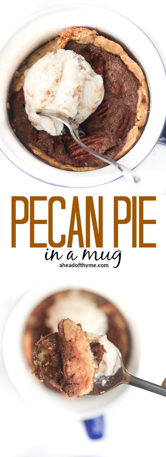 Pecan Pie in a Mug: In the mood for good old-fashioned pecan pie, but you don't want to make a whole pie? Satisfy your craving and make pecan pie in a mug instead! | aheadofthyme.com