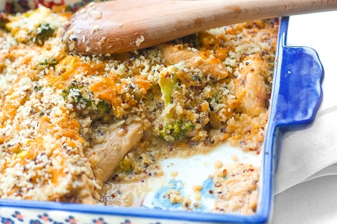 Creamy Chicken, Broccoli and Quinoa Casserole: Nothing says comfort food better than a creamy chicken, broccoli and quinoa casserole made with fresh and healthy ingredients. | aheadofthyme.com