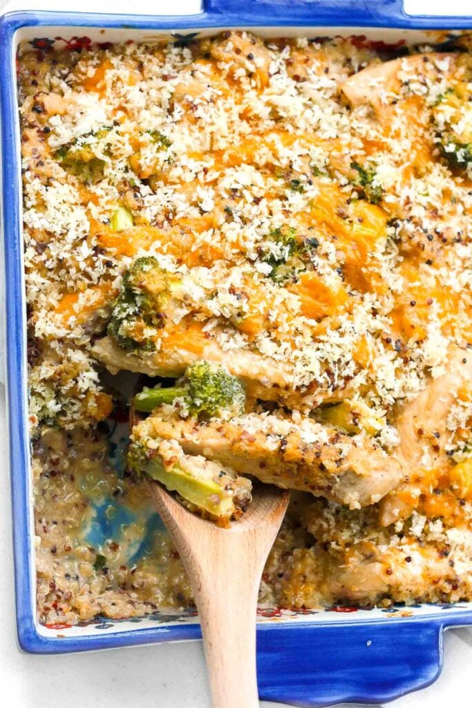 Nothing says comfort food better than a creamy chicken, broccoli and quinoa casserole made with fresh and healthy ingredients. | aheadofthyme.com