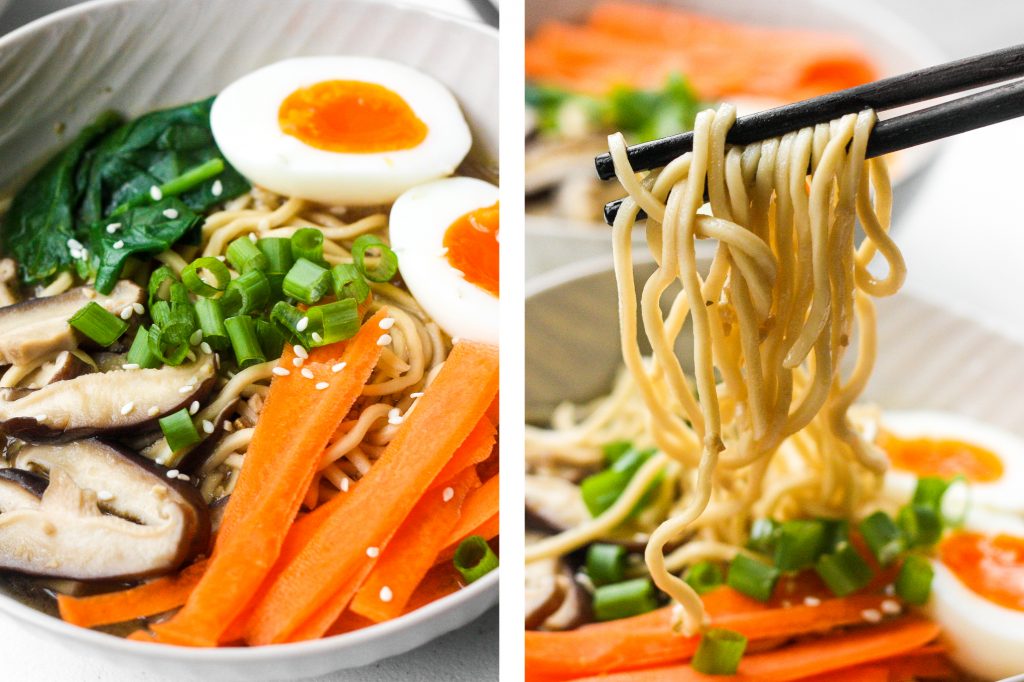 Put down that cup of instant noodles and make fresh, quick and easy vegetarian ramen in 15 minutes with fresh vegetables, noodles and authentic flavours. | aheadofthyme.com