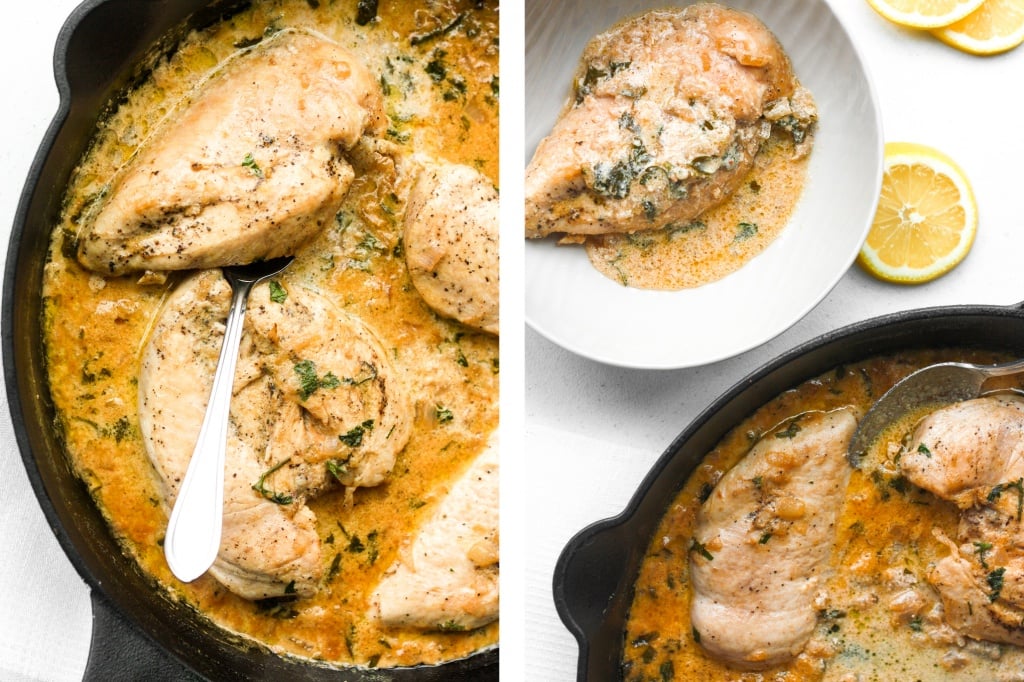 Delicious creamy skillet chicken with lemon garlic sauce is a one-skillet meal that is ready in 30 minutes. It's garlicky, saucy, creamy, and so flavourful. | aheadofthyme.com