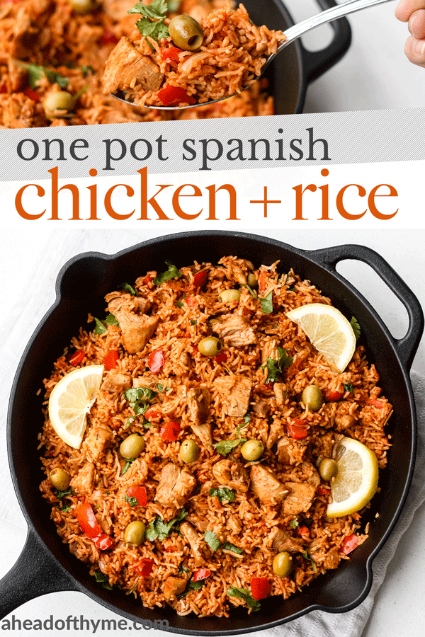 Packed with flavour, real ingredients and vibrant colours, one pot Spanish chicken and rice is the perfect no fuss, no clean up weeknight meal. | aheadofthyme.com