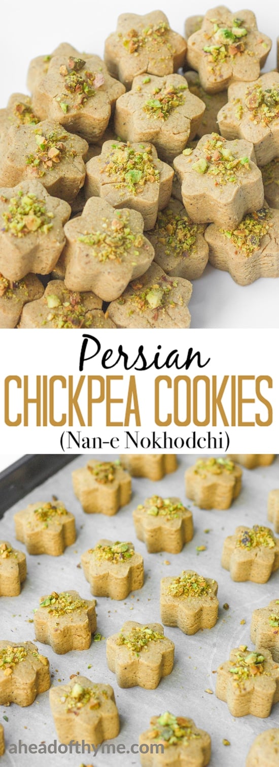 Persian Chickpea Cookies with Pistachio (Nan-e Nokhodchi) is a crumbly, melt-in-your-mouth cookie, made with the fragrant flavours of rose water, cardamom and pistachio. | aheadofthyme.com