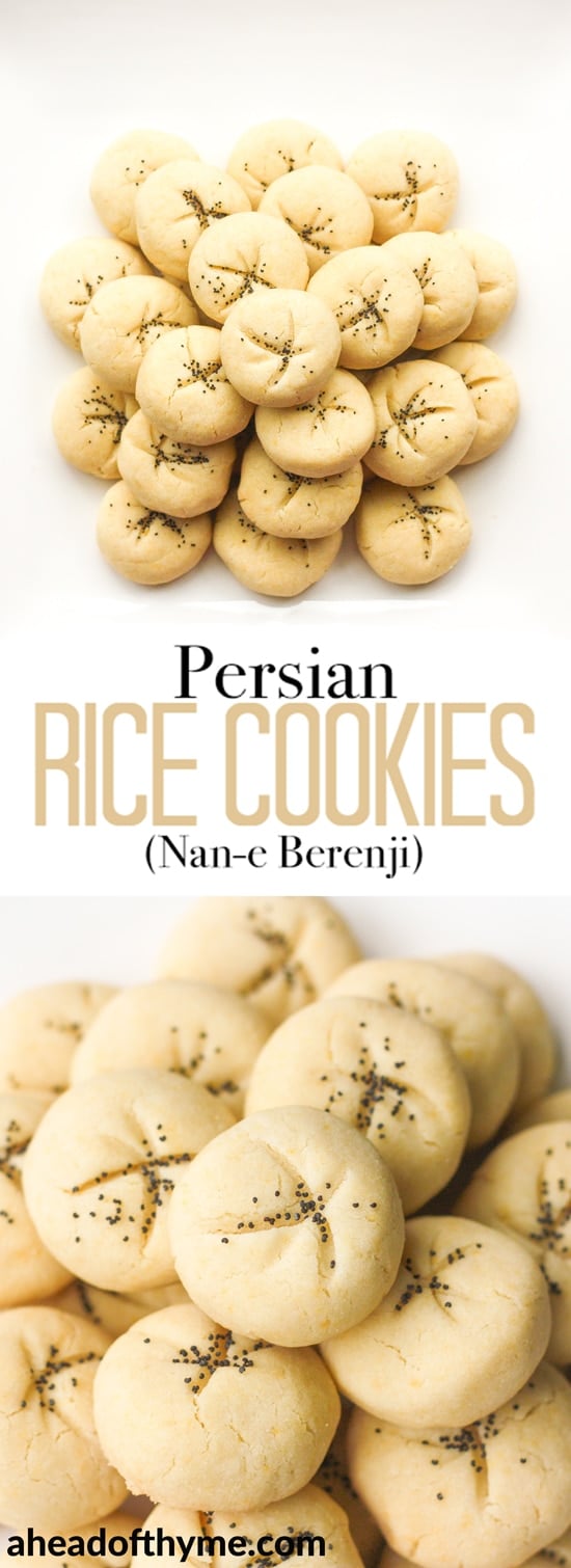 Persian Rice Cookies with Poppy Seeds (Nan-e Berenji) are irresistible, melt-in-your-mouth cookies made of rice flour, fragrant rose water and poppy seeds. | aheadofthyme.com