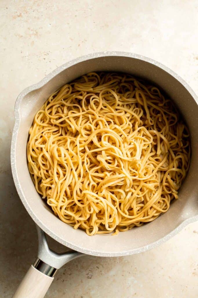 Say goodbye to takeout and make easy Lo Mein Noodles at home, packed with fresh veggies and healthy ingredients, in less than 15 minutes! | aheadofthyme.com