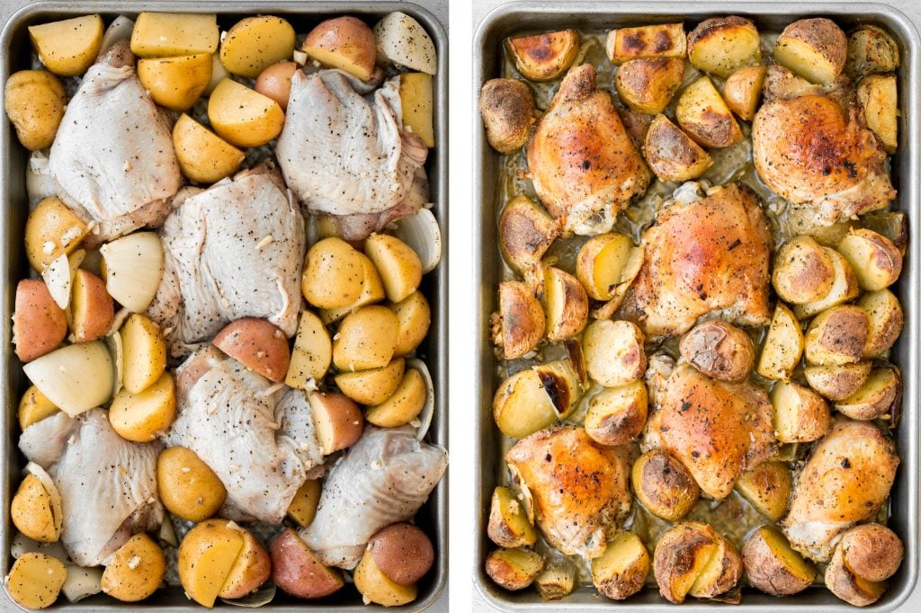 One pan garlic roasted chicken and baby potatoes is an easy to make, delicious, and wholesome meal for the entire family. Prep this sheet pan in 10 minutes. | aheadofthyme.com