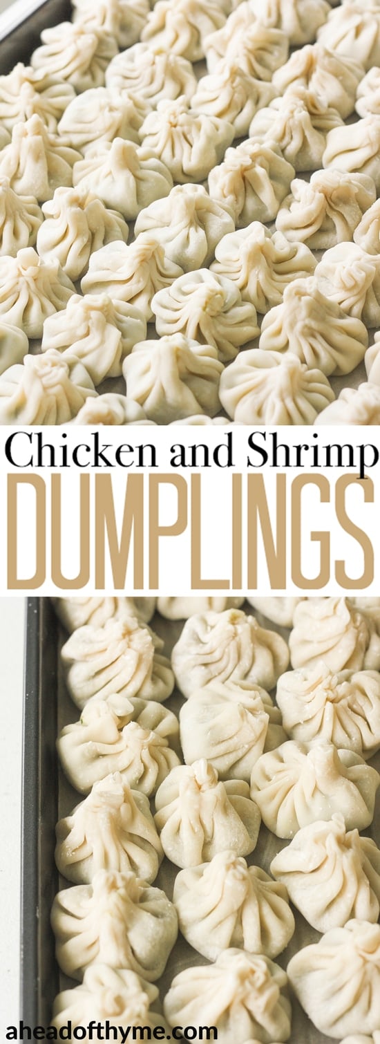 Easy to make chicken and shrimp dumpings can be steamed, boiled or fried and served with a side of soy sauce for dipping! | aheadofthyme.com