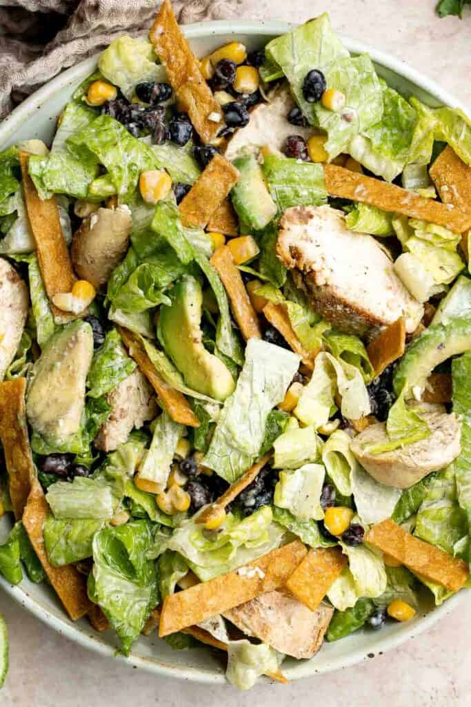 Mexican Chicken Caesar Salad is a delicious, flavorful twist on a classic Caesar salad with Mexican flavors and ingredients tossed in Caesar dressing. | aheadofthyme.com