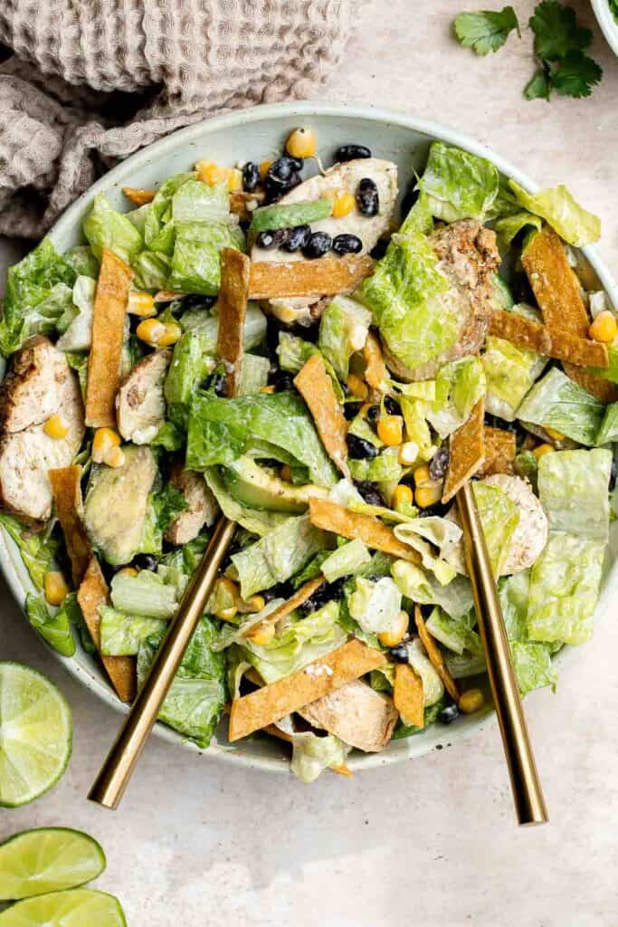 Mexican Chicken Caesar Salad is a delicious, flavorful twist on a classic Caesar salad with Mexican flavors and ingredients tossed in Caesar dressing. | aheadofthyme.com