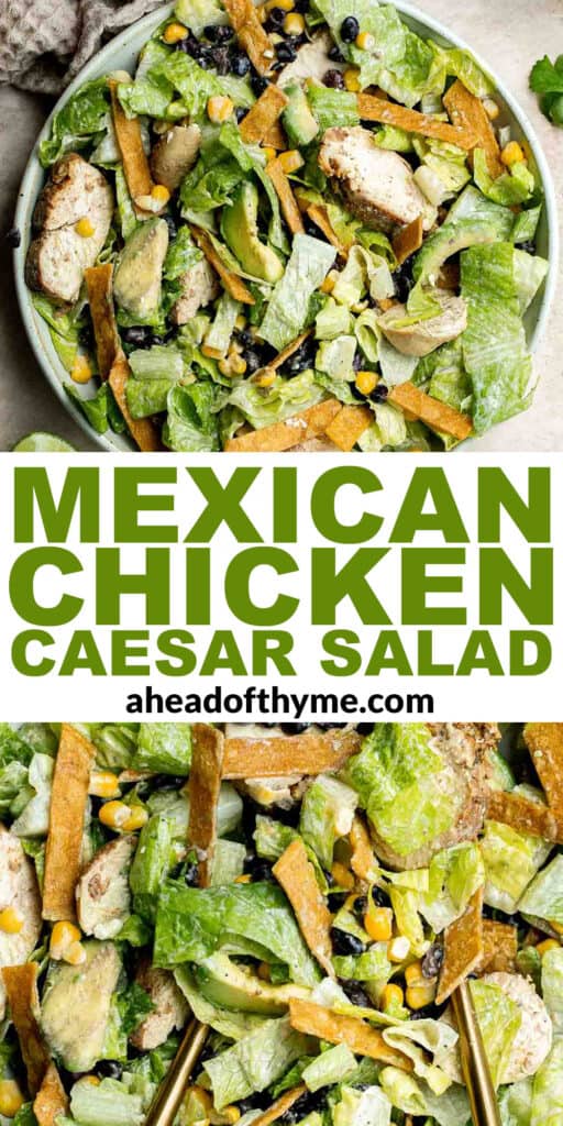 Mexican Chicken Caesar Salad is a delicious, flavorful twist on a classic Caesar salad with Mexican flavors and ingredients tossed in Caesar dressing. | aheadofthyme.com