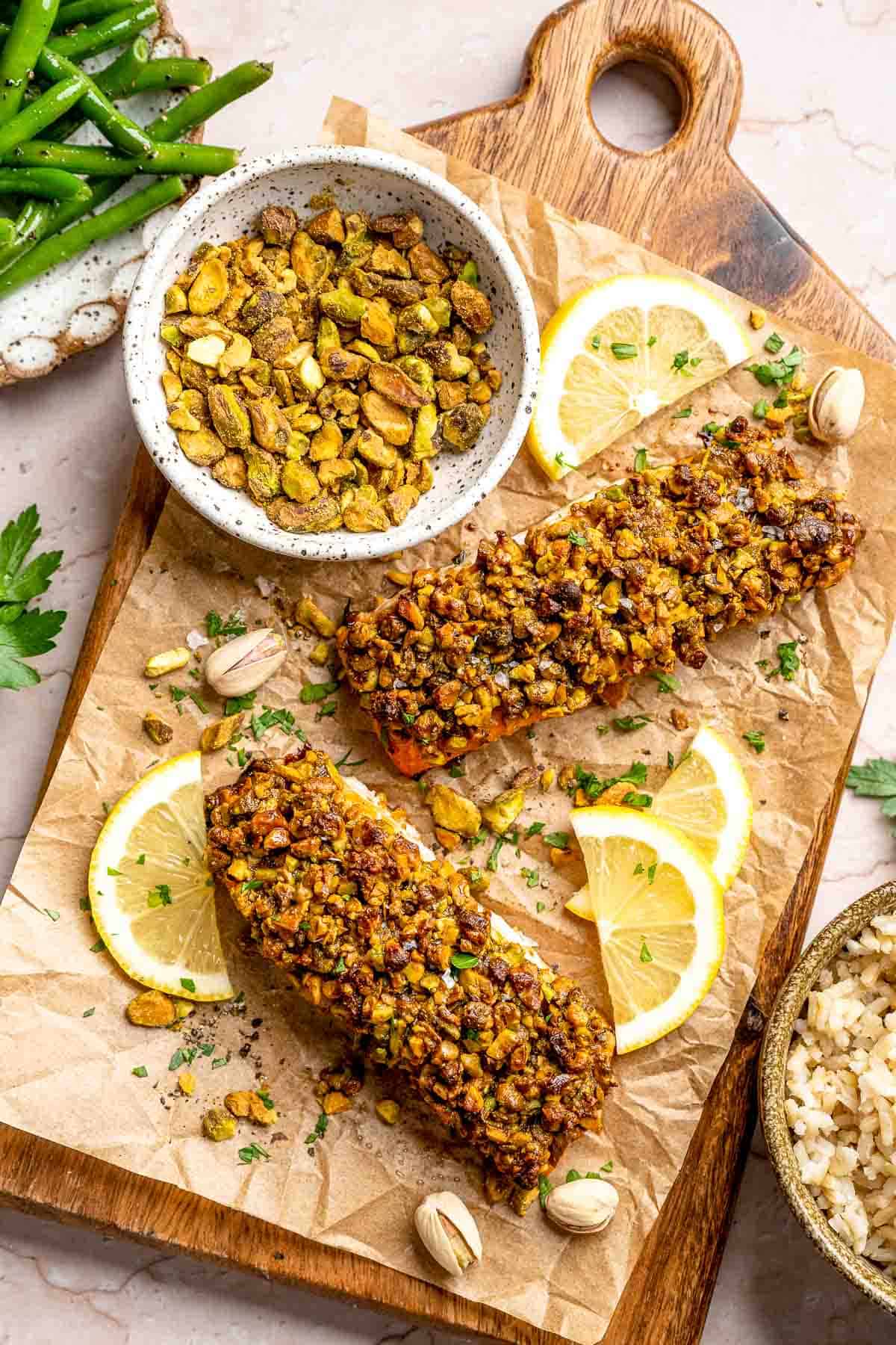 Pistachio Crusted Salmon is tender, flaky, and topped with a crunchy pistachio crust. A healthy, elegant dinner ready in 25 minutes! | aheadofthyme.com