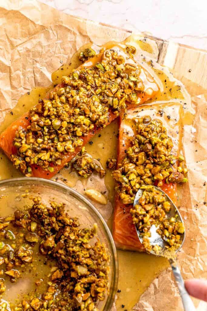 Pistachio Crusted Salmon is tender, flaky, and topped with a crunchy pistachio crust. A healthy, elegant dinner ready in 25 minutes! | aheadofthyme.com