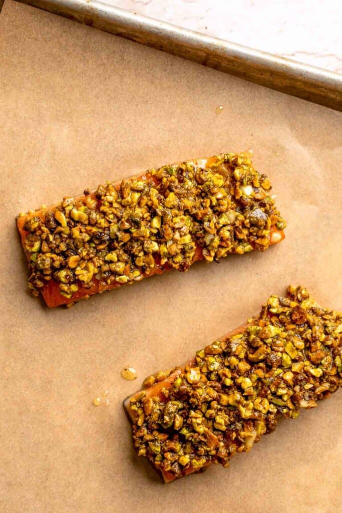 Pistachio Crusted Salmon is tender, flaky, and topped with a crunchy pistachio crust. A healthy, elegant dinner ready in 25 minutes! | aheadofthyme.com