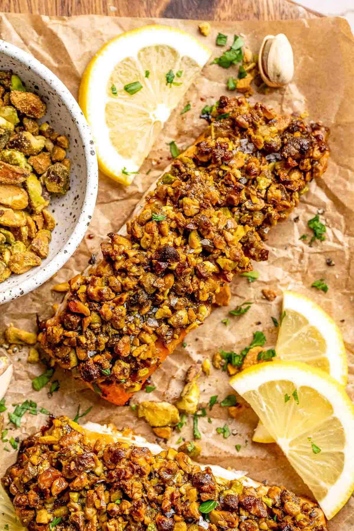 Pistachio Crusted Salmon is tender, flaky, and topped with a crunchy pistachio crust. A healthy, elegant dinner ready in 25 minutes! | aheadofthyme.com