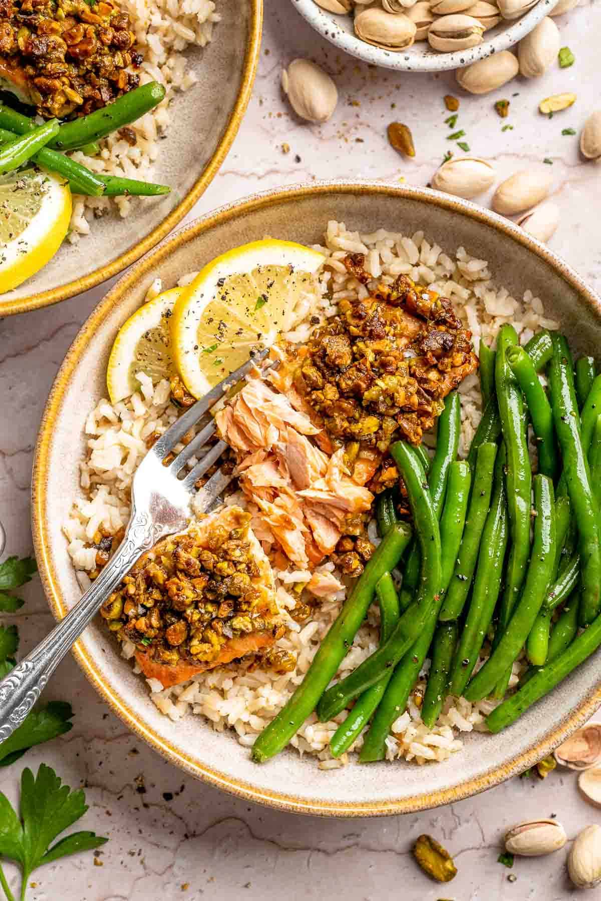 Pistachio Crusted Salmon is tender, flaky, and topped with a crunchy pistachio crust. A healthy, elegant dinner ready in 25 minutes! | aheadofthyme.com