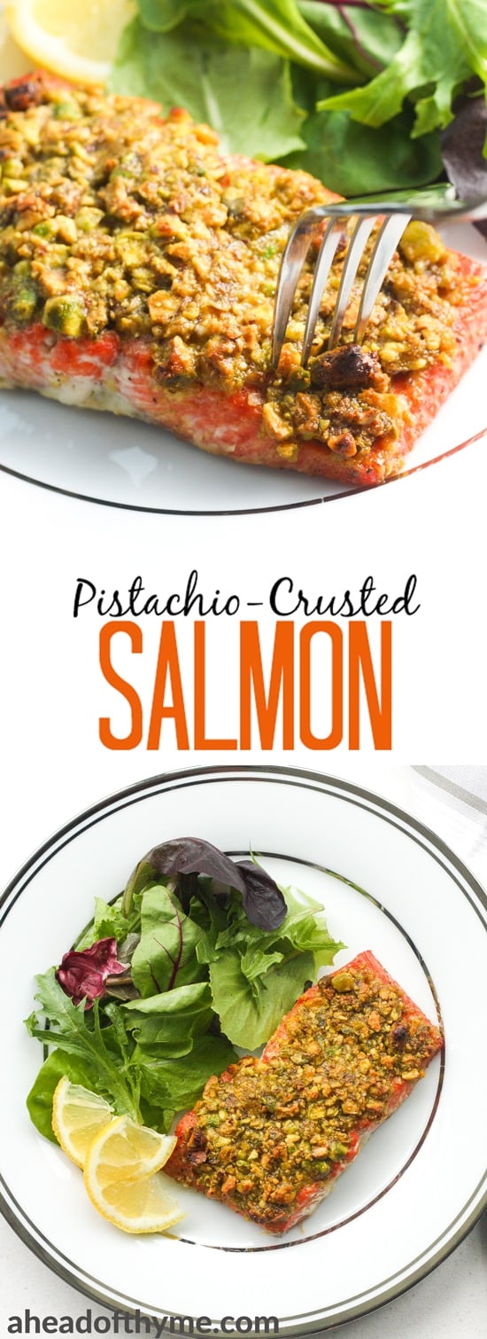 Pistachio-crusted salmon is a gourmet dinner without the gourmet skills! Prepare this with a handful of ingredients in less than 20 minutes! | aheadofthyme.com