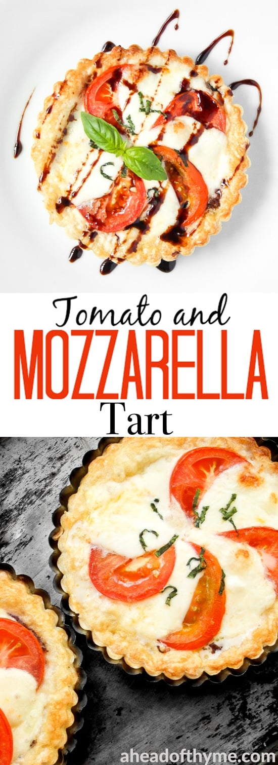 Looking for the perfect appetizer or light lunch? Try a tomato and mozzarella tart topped with basil and a drizzle of pomegranate molasses! | aheadofthyme.com