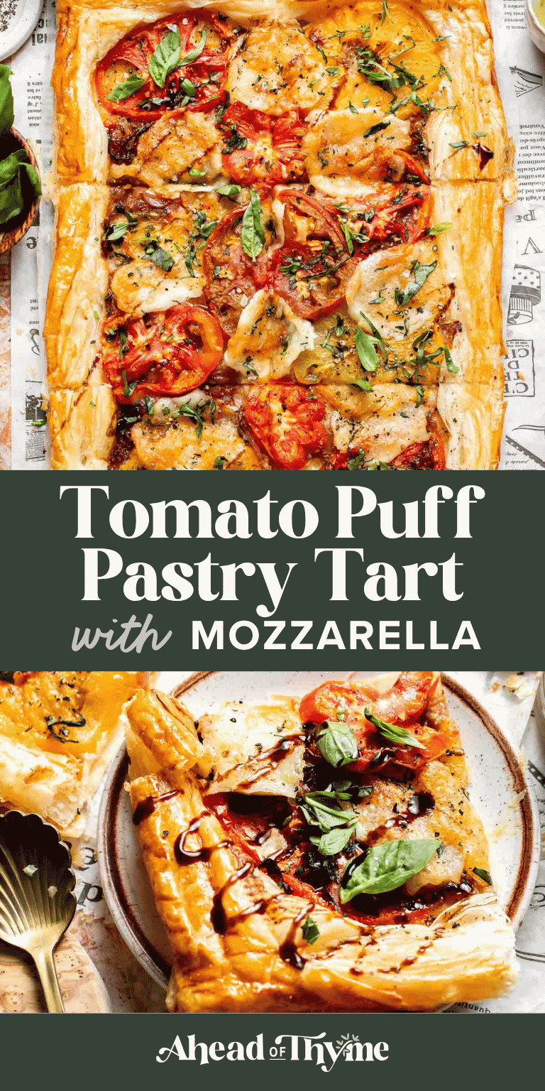 Tomato Puff Pastry Tart with mozzarella, juicy tomatoes, caramelized onions, Parmesan, fresh basil, and balsamic glaze on flaky golden puff pastry.