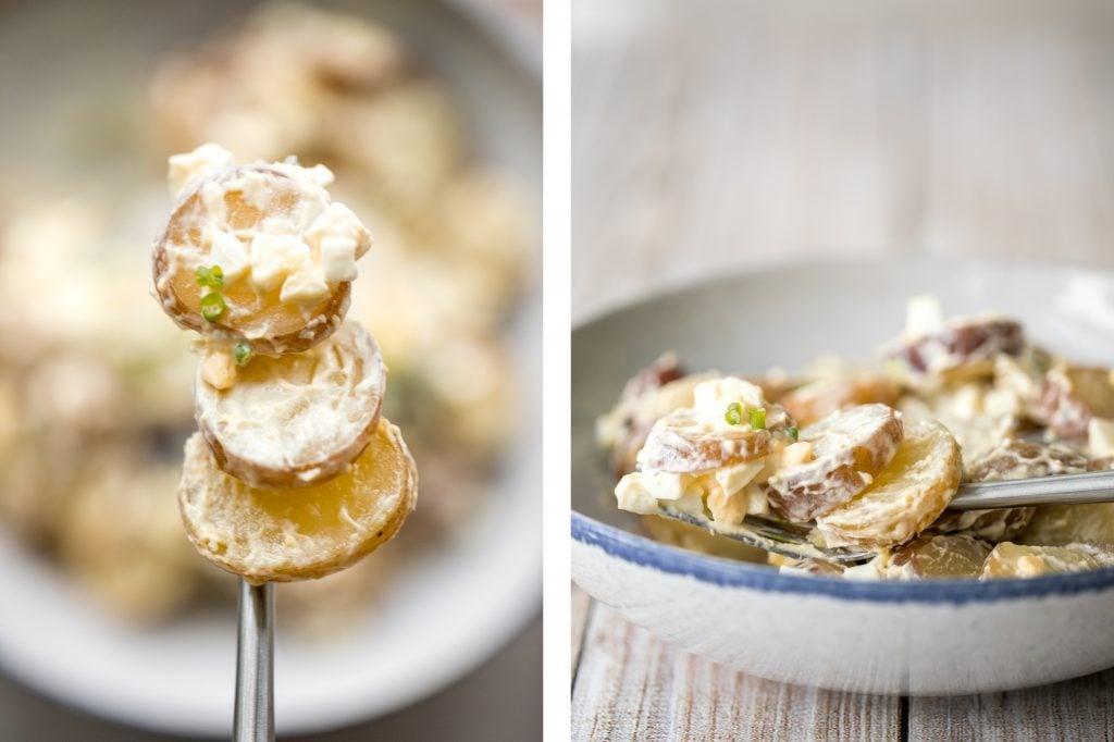 Easy homemade potato salad is loaded with baby potatoes, eggs, and green onions and tossed in a mayo sauce and is a go-to for summer barbecues and picnics. | aheadofthyme.com