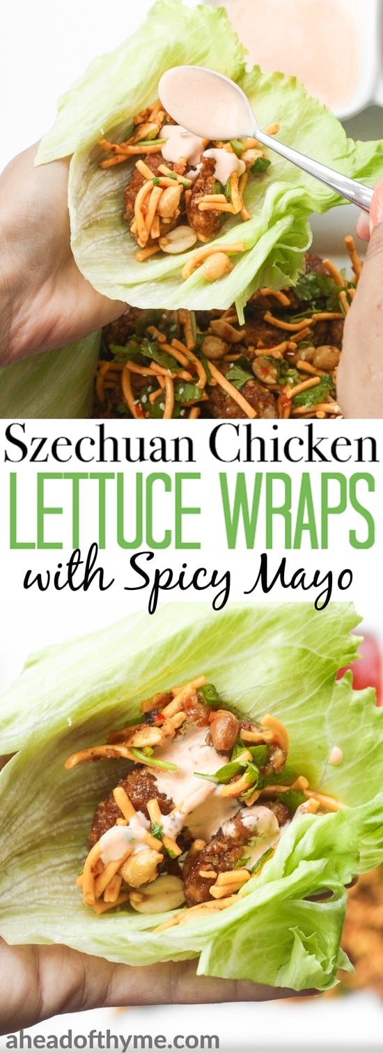 Spice it up and make copycat Szechuan chicken lettuce wraps with spicy mayo from the comfort of your own home with this easy to follow recipe. Plus, it is healthier than the original! | aheadofthyme.com