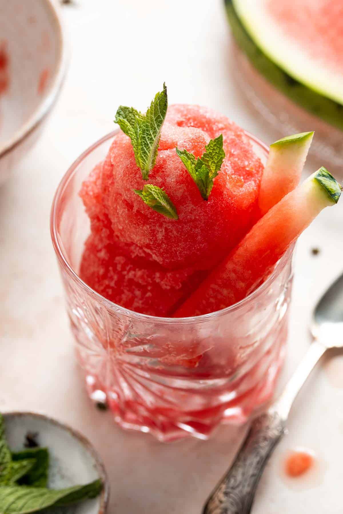 This 2-ingredient Watermelon Sorbet is easy to make, healthy, all-natural and vegan. Make this homemade frozen treat with no ice cream maker required! | aheadofthyme.com