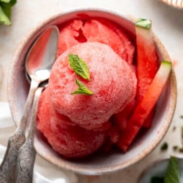 This 2-ingredient Watermelon Sorbet is easy to make, healthy, all-natural and vegan. Make this homemade frozen treat with no ice cream maker required! | aheadofthyme.com