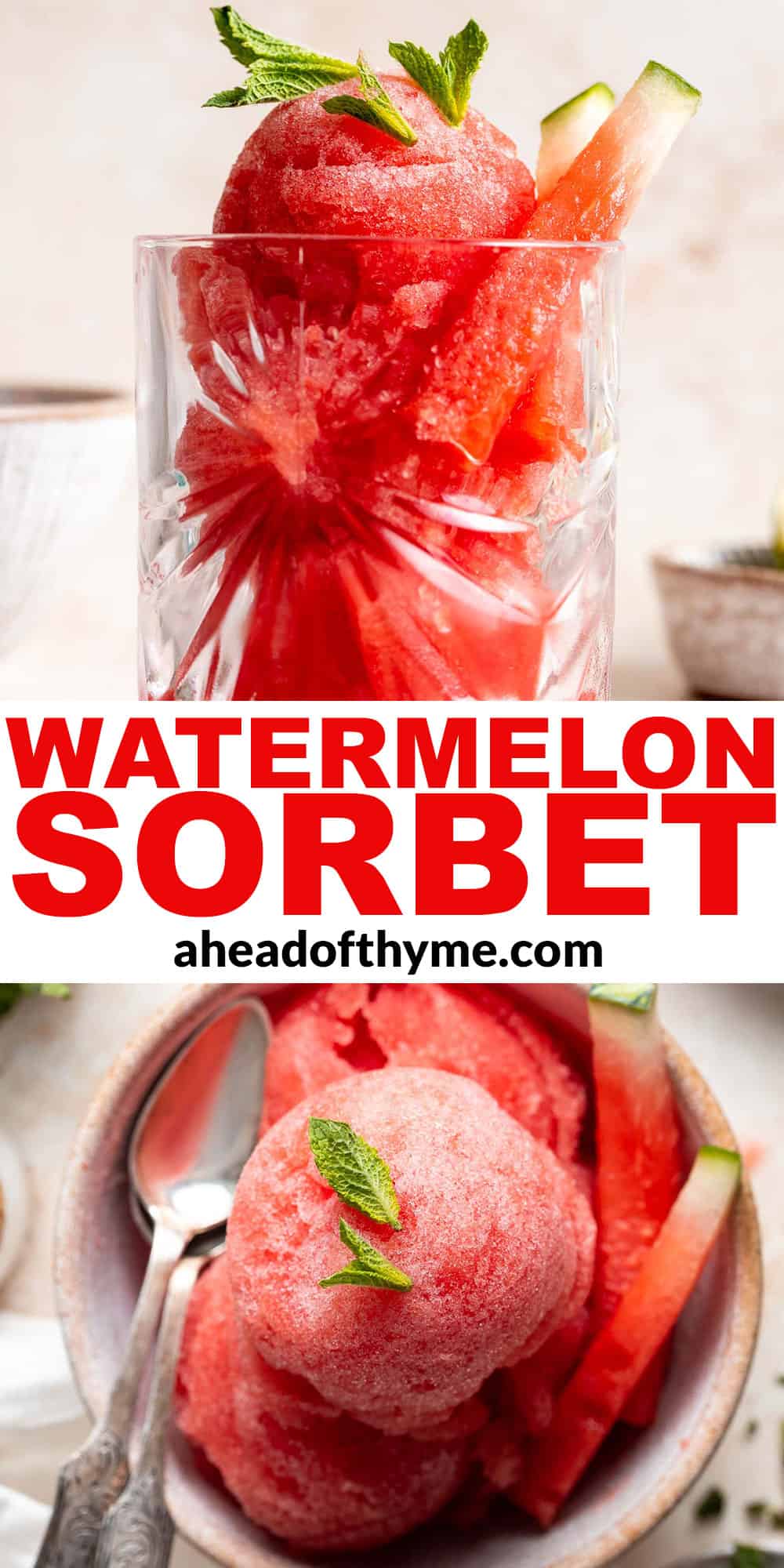 This 2-ingredient Watermelon Sorbet is easy to make, healthy, all-natural and vegan. Make this homemade frozen treat with no ice cream maker required! | aheadofthyme.com