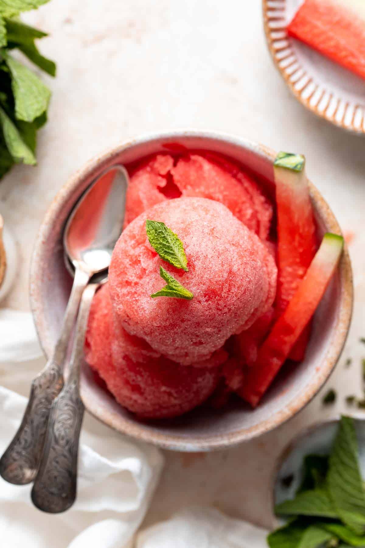 This 2-ingredient Watermelon Sorbet is easy to make, healthy, all-natural and vegan. Make this homemade frozen treat with no ice cream maker required! | aheadofthyme.com