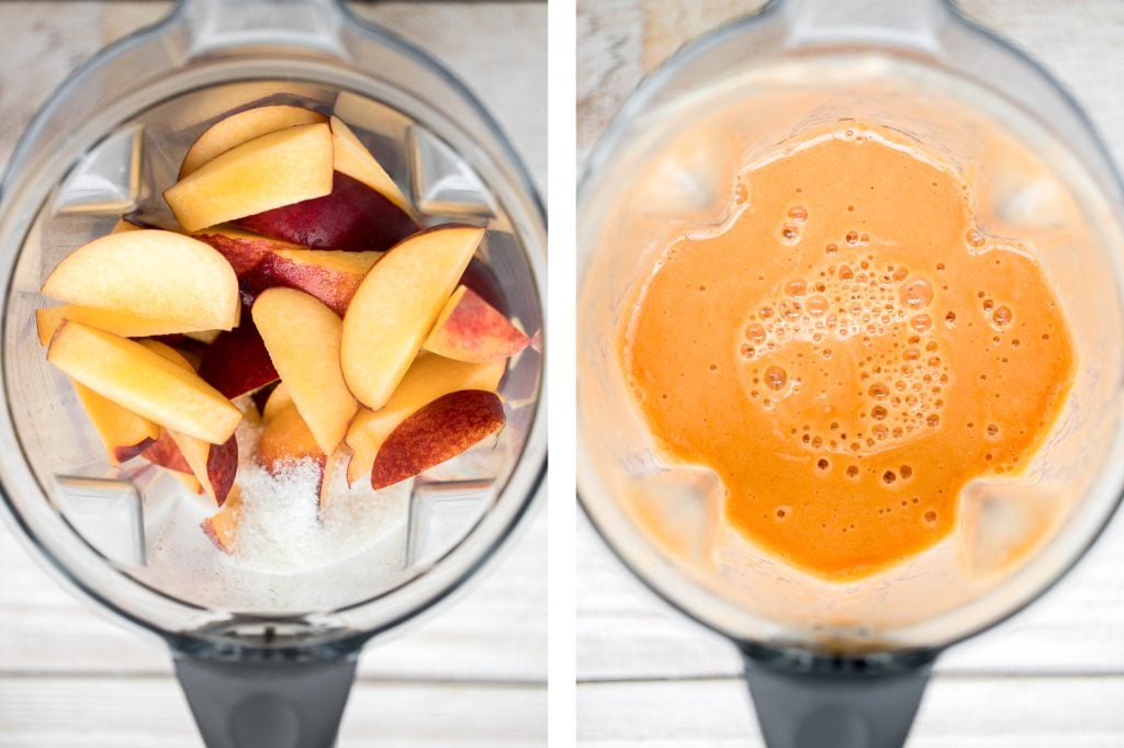 Smooth, sweet and refreshing 3-ingredient peach sorbet can be made with just a few minutes prep and without an ice cream maker! It's dairy-free and vegan. | aheadofthyme.com