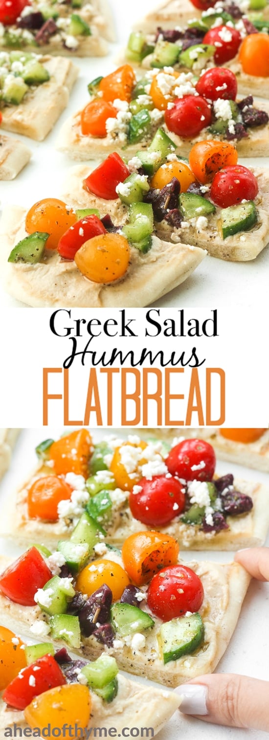 This bright and colourful Greek salad hummus flatbread is perfect as an appetizer or a healthy lunch or snack. | aheadofthyme.com