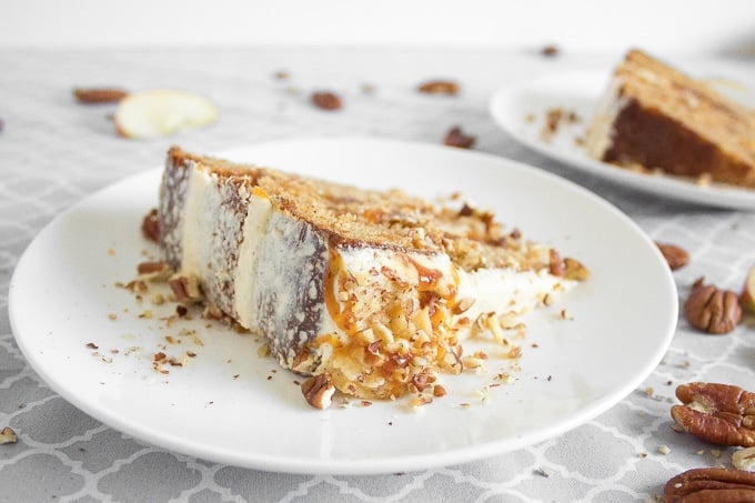 Apple cardamom cake with caramel pecan butter frosting is the perfect fall cake and is made by combining all your favourite fall flavours together. | aheadofthyme.com