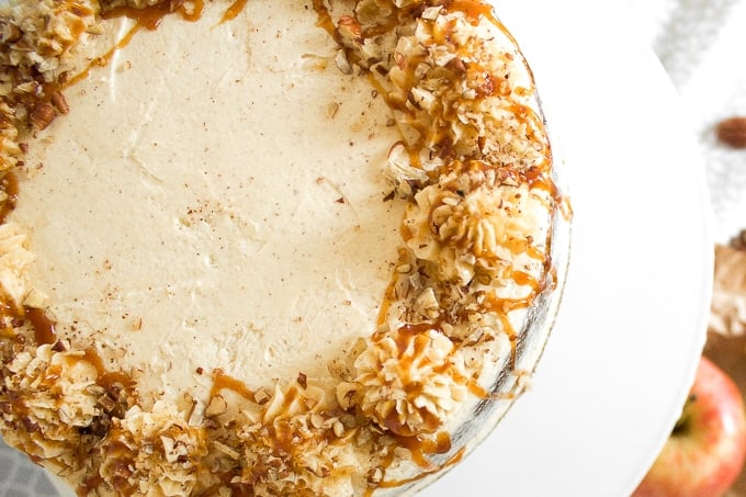 Apple cardamom cake with caramel pecan butter frosting is the perfect fall cake and is made by combining all your favourite fall flavours together. | aheadofthyme.com