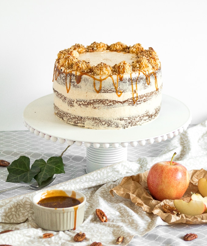 Apple cardamom cake with caramel pecan butter frosting is the perfect fall cake and is made by combining all your favourite fall flavours together. | aheadofthyme.com