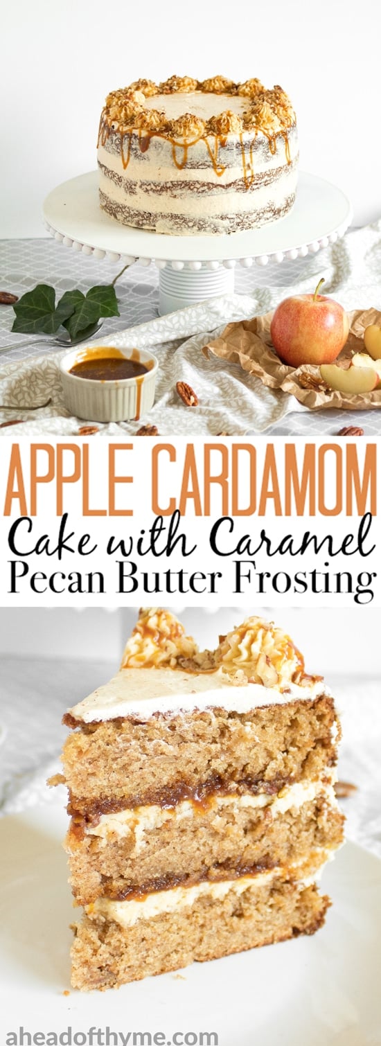 Apple cardamom cake with caramel pecan butter frosting is the perfect fall cake and is made by combining all your favourite fall flavours together. | aheadofthyme.com