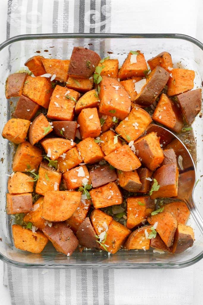 Crispy on the outside and soft and tender on the inside, these flavourful, herb-roasted sweet potatoes are the perfect addition to your holiday table. | aheadofthyme.com