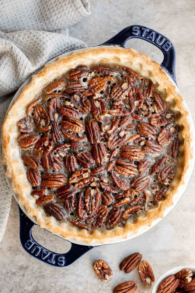 Old-fashioned pecan pie is a classic fall dessert with a homemade pie crust and sweet custard filling loaded with crunchy pecans — perfect for Thanksgiving. | aheadofthyme.com