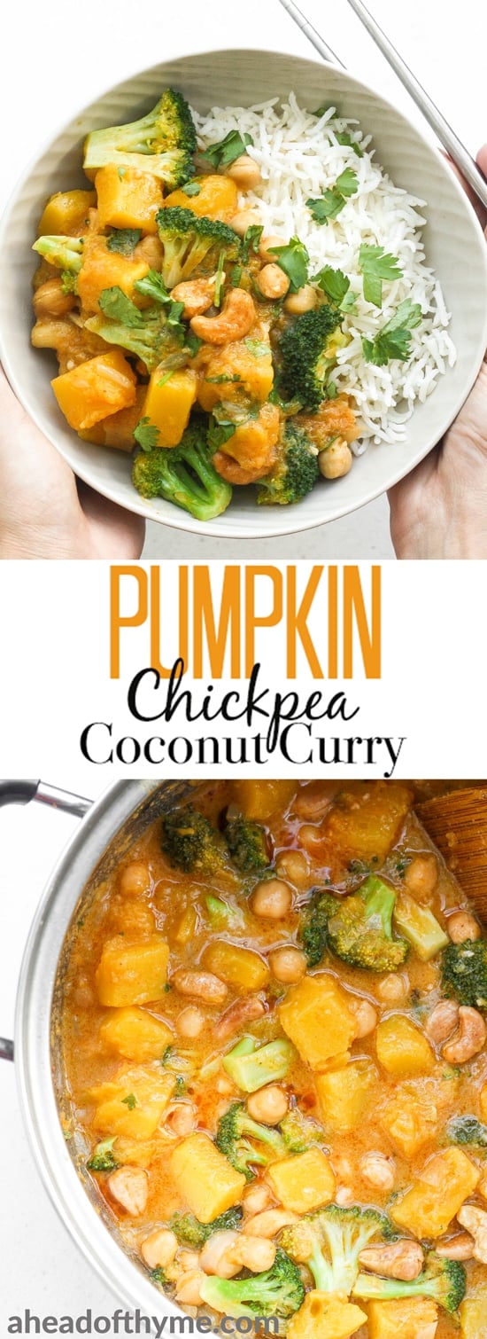 Warm yourself up this fall with a big bowl of comforting pumpkin chickpea coconut curry with cashews. This curry is also vegan and gluten-free! | aheadofthyme.com