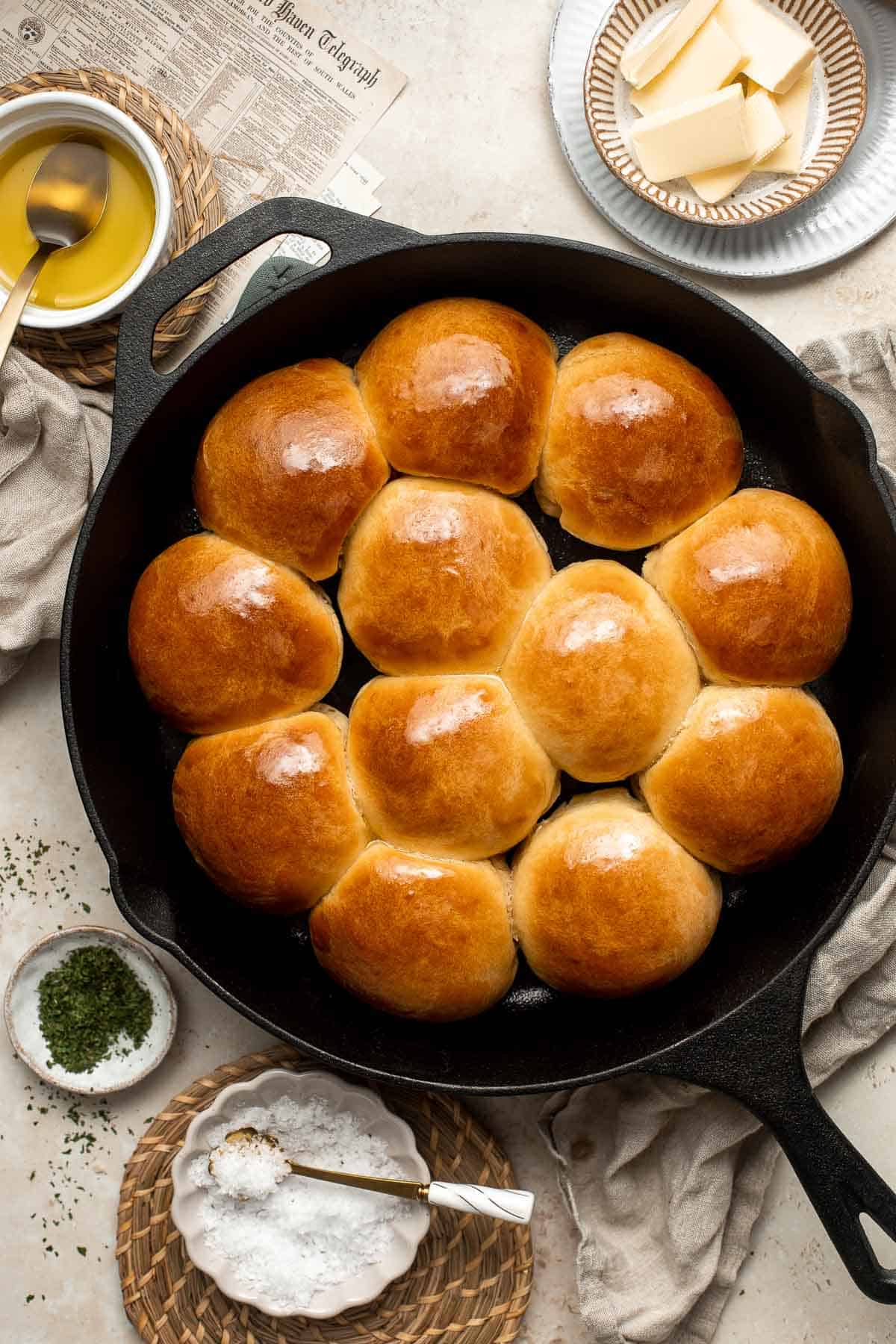 Quick and Easy Skillet Dinner Rolls are soft, fluffy, and served warm right out of the oven making them the only bread recipe you’ll need with dinner. | aheadofthyme.com